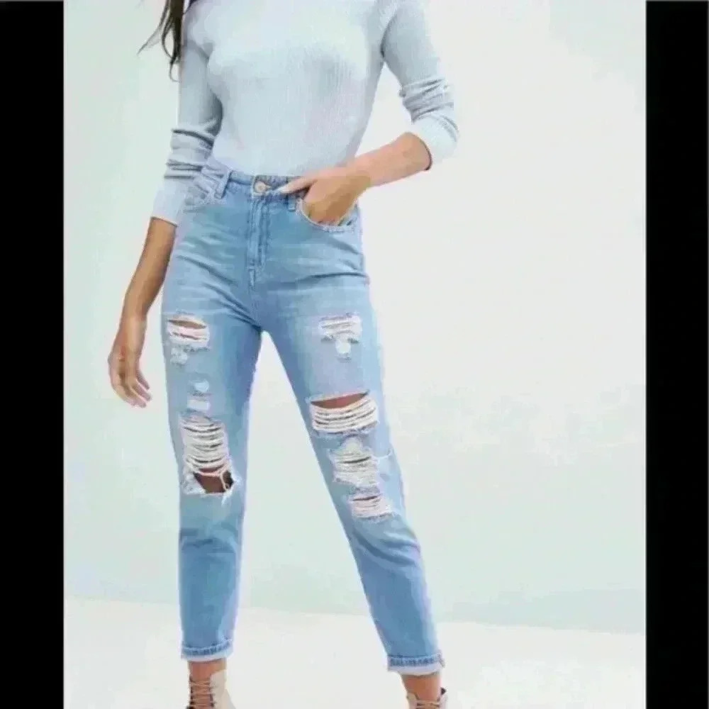 River Island women’s high rise mom jeans 10R distressed NWT pants slouchy ripped